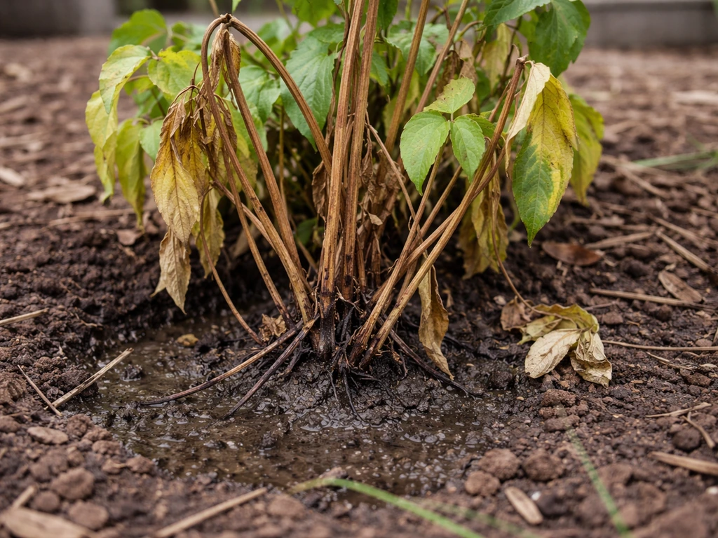 Wilting clematis stems with brown collapse in a Texas garden bed beside moist soil and drainage