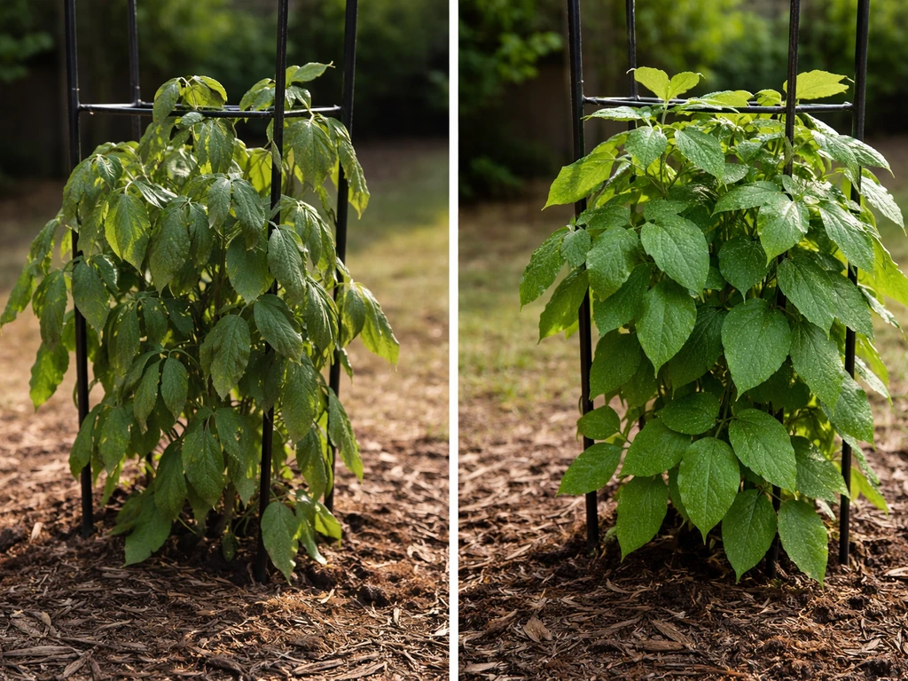Clematis leaves wilting in afternoon heat, then recovering by morning in two simple photo views