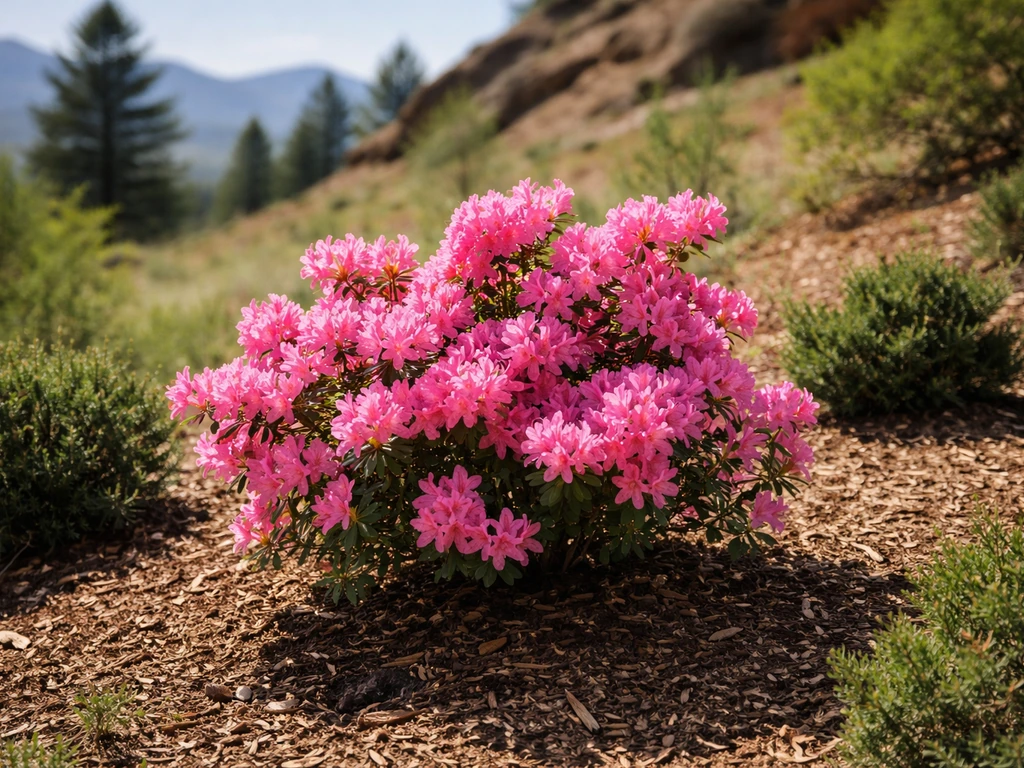 Pink azalea bush in bloom in a Colorado foothills garden with rocky hillside and mountains behind.