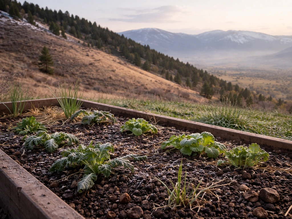 Mulched garden plants with light frost in the foreground, transitioning to snowy foothills in the distance.