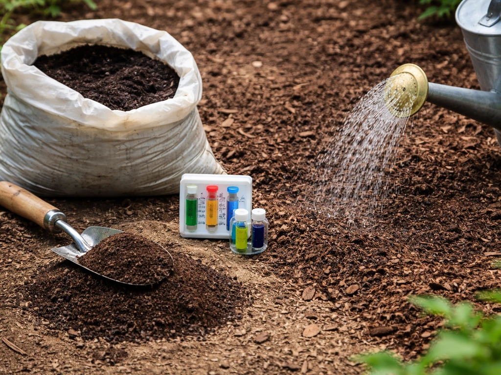 Close-up of gardener tools, acid soil amendments, and a pH test kit by an azalea planting bed.