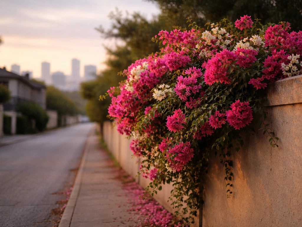 Vibrant bougainvillea blooms against a warm Texas city wall with cooler winter-tinged light.
