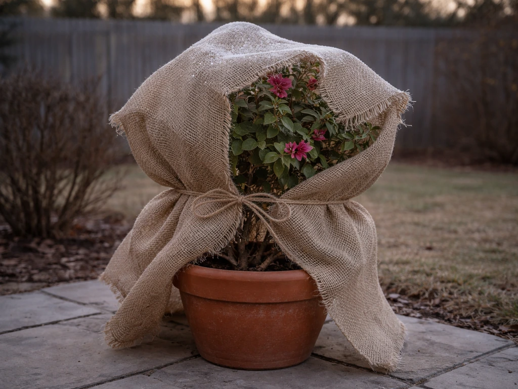 Bougainvillea plant wrapped with burlap frost cloth in a Dallas backyard before a freeze