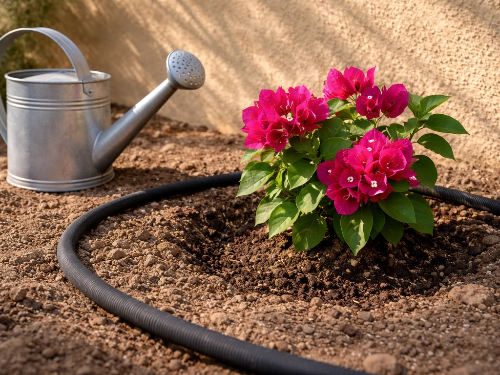 Bougainvillea planted in dry, well-draining soil near a sunlit wall with a watering can ready for targeted watering.
