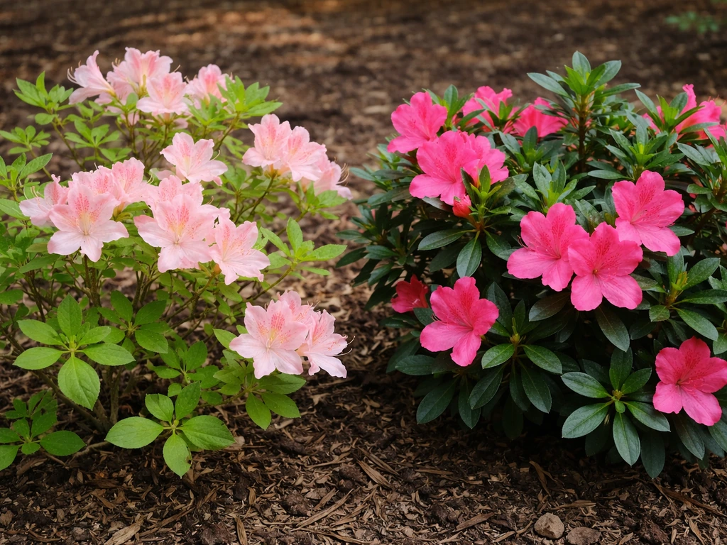 Close-up of two different azalea types in bloom, showing matte deciduous vs glossy evergreen foliage.