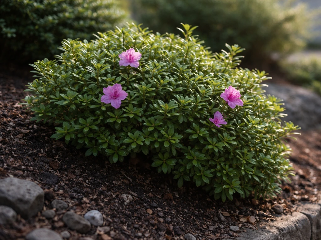 Evergreen azalea shrub with glossy leaves and spring blooms on a sloped garden edge in Missouri-like light.
