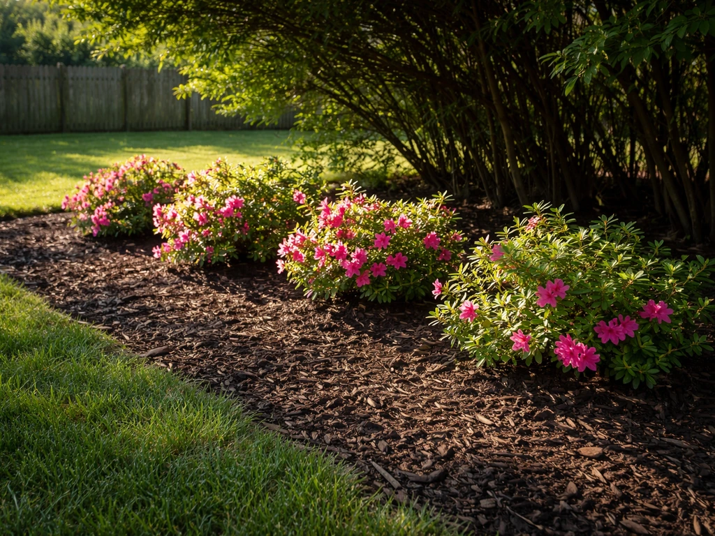 Hedge casting afternoon shade on azalea planting area, showing morning sun and afternoon protection in Missouri.
