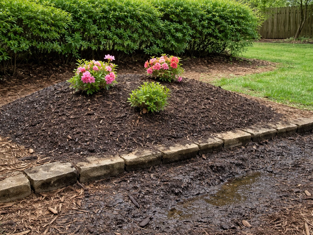 Raised azalea planting mound with well-drained soil next to a darker wet patch showing drainage contrast.