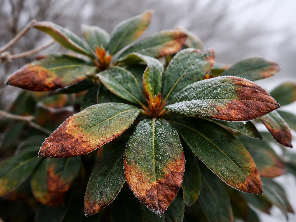 Close-up of evergreen azalea leaves showing winter burn with dry, brown scorched edges in cold light