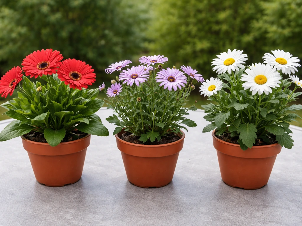 Three distinct potted daisy types side-by-side, each with clearly different petals and leaves.