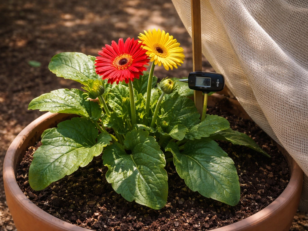 Gerbera plant in full sun with a small thermometer and nearby mini shade cloth for cooling.