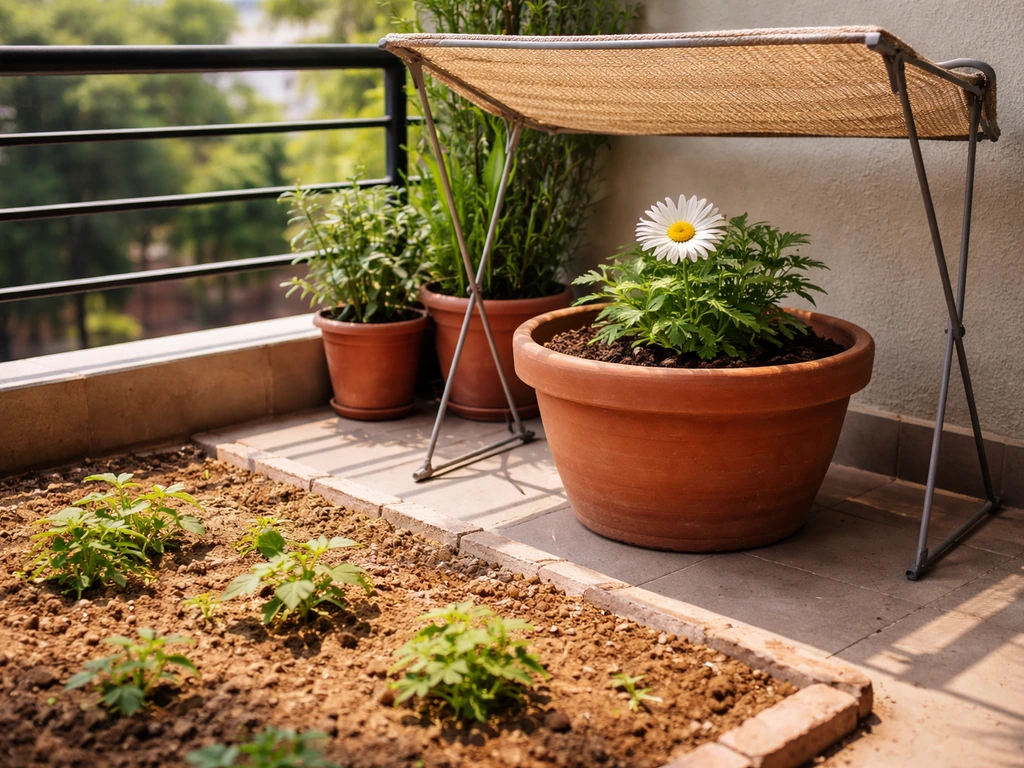 White daisy in a balcony pot under a small adjustable shade, with an in-ground bed visible nearby.