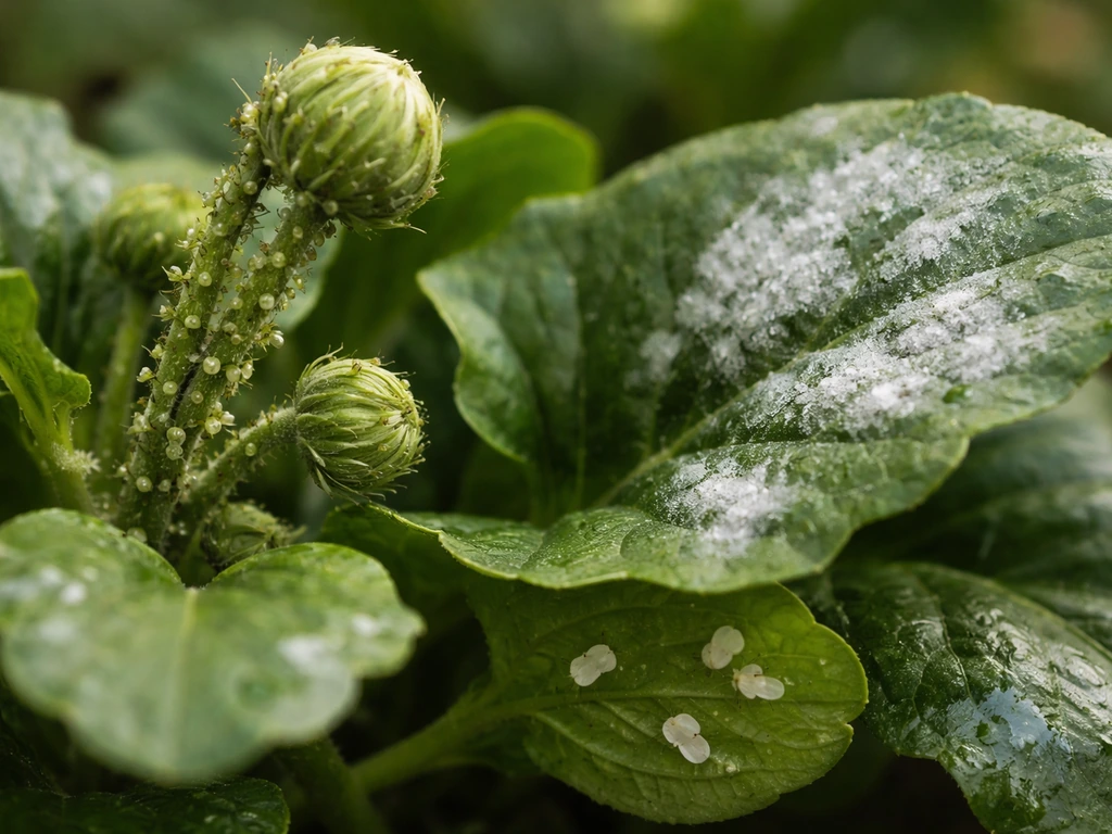 Close-up of gerbera leaves showing aphids/whitefly on new growth and powdery mildew on a nearby leaf