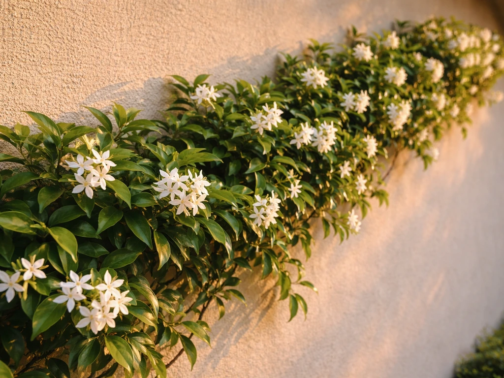 Star jasmine vine in bloom trained on a sunny Utah wall with lush green leaves and white flowers.