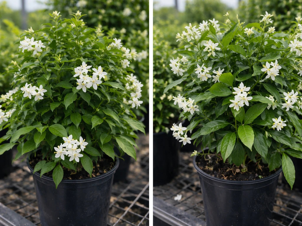 Side-by-side close-up of potted true jasmine and star jasmine flowers and leaves on a nursery bench.