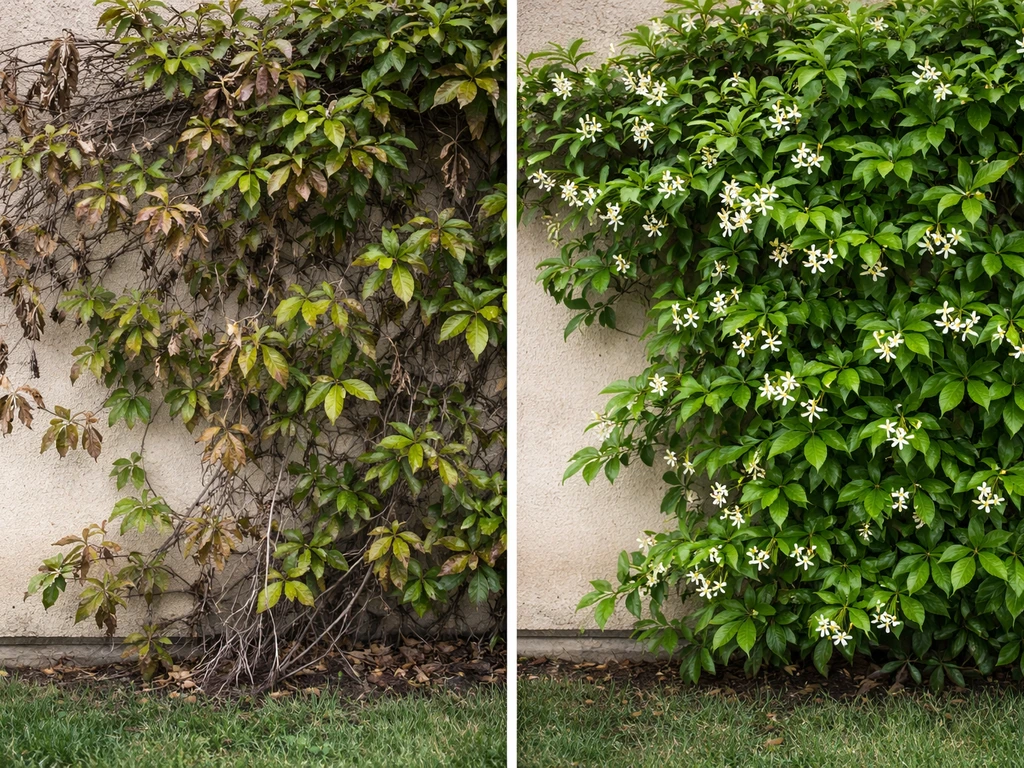 Star jasmine vine on a garden wall showing browned winter damage on one side and healthy green growth on the other.