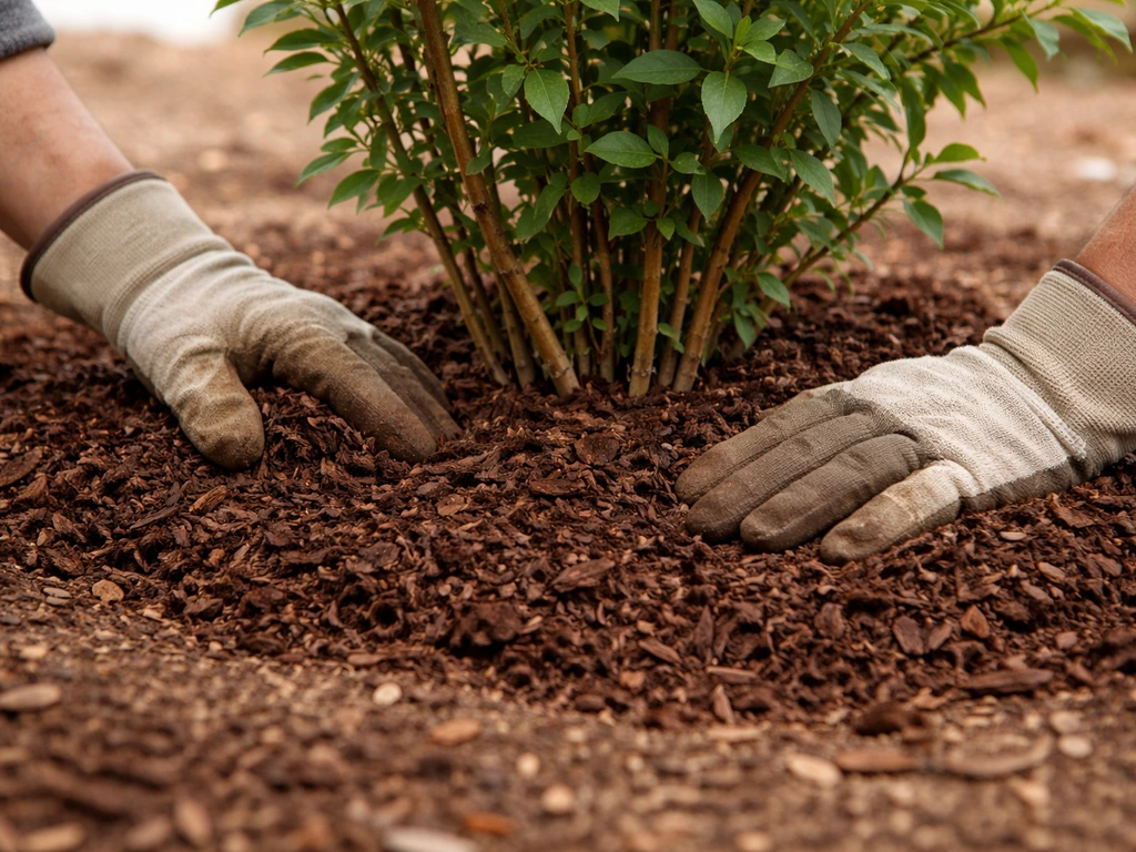 Hands spreading mulch around the base of a star jasmine plant to protect its roots for winter.