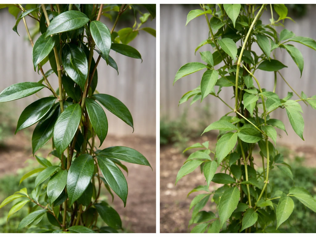 Side-by-side close-up of star jasmine and common jasmine leaves and vines for easy visual comparison