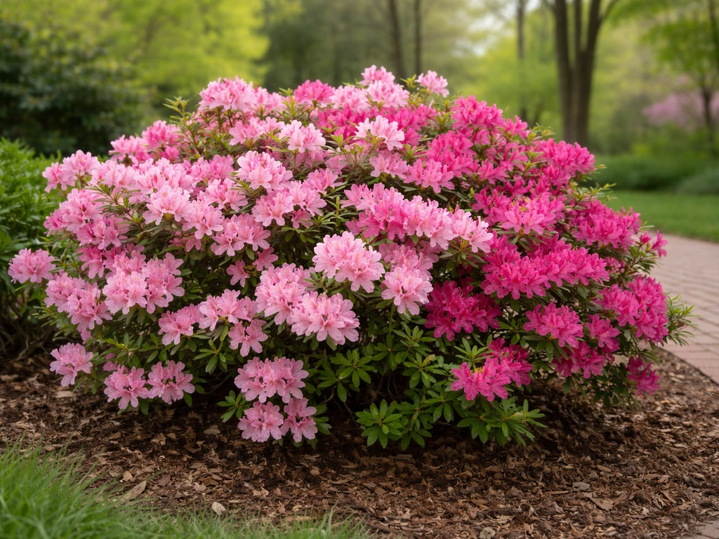 Lush pink azalea shrub blooming in an Indiana home garden with spring greenery in the background.