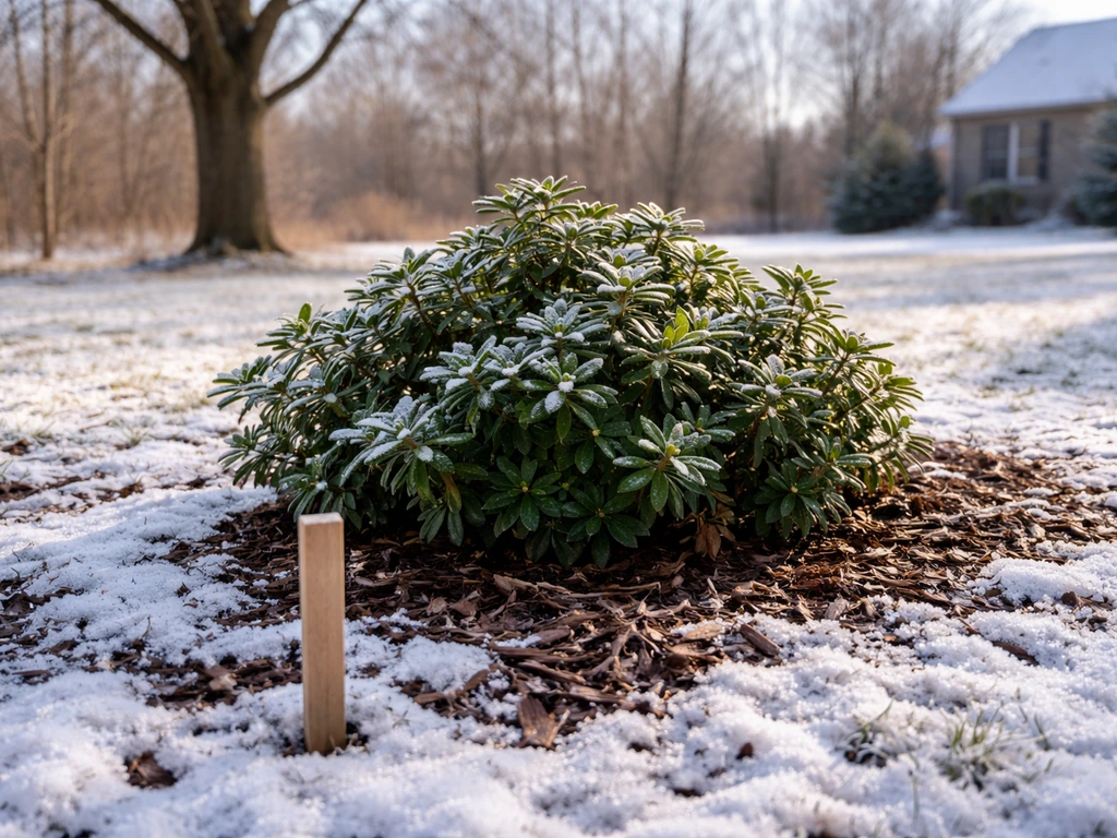 Winter azalea shrub with light snow and frost in a quiet Indiana-style garden, no text or charts.