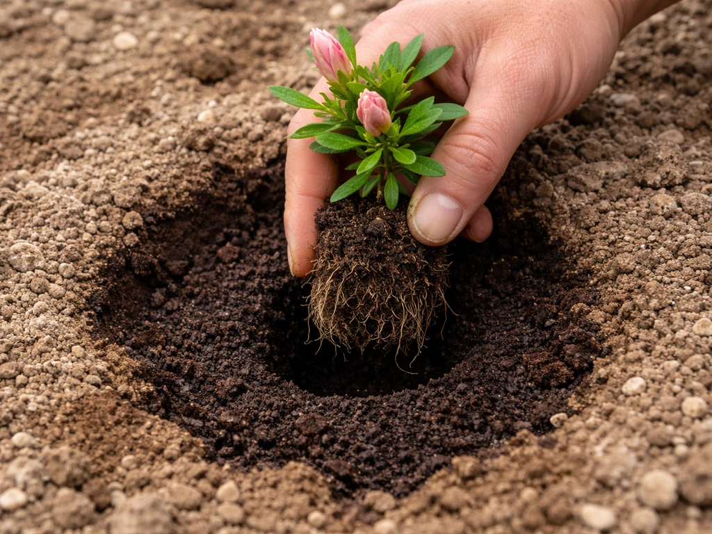 Close-up azalea roots in a prepared acidic planting hole, contrasting with lighter alkaline soil around it