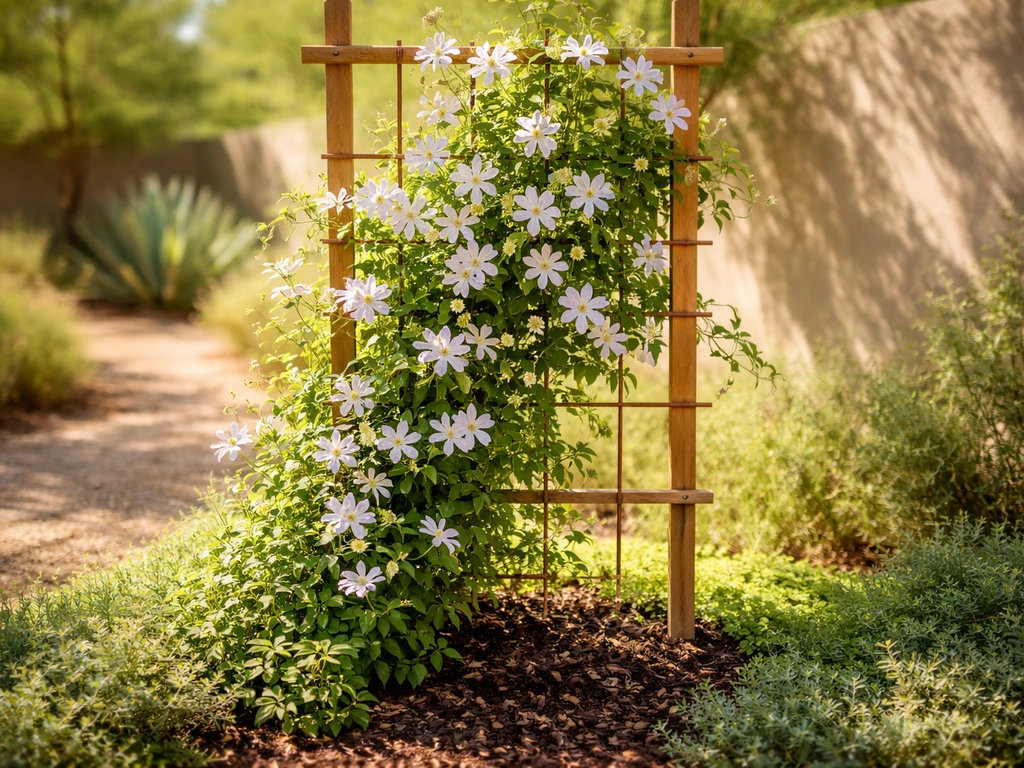 Lush clematis vine climbing a trellis in a sunny Arizona garden with shaded mulched roots.