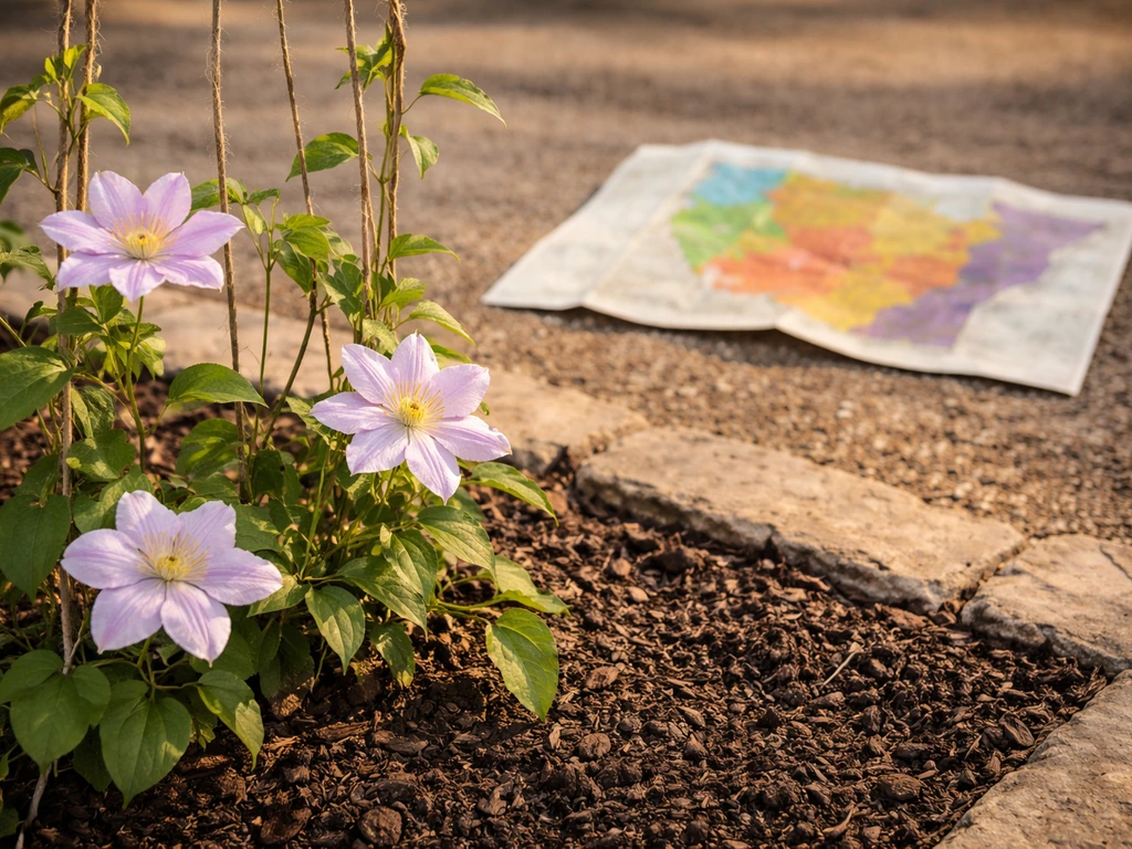 Minimal photo of a shallow garden bed with clematis stems and a small weathered map prop in warm Arizona tones