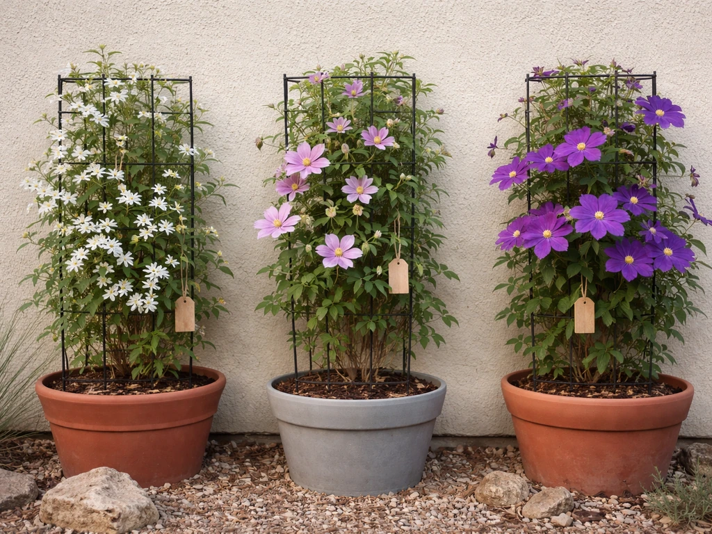 Three clematis vines with different bloom stages in a minimal Arizona garden next to a stucco wall.