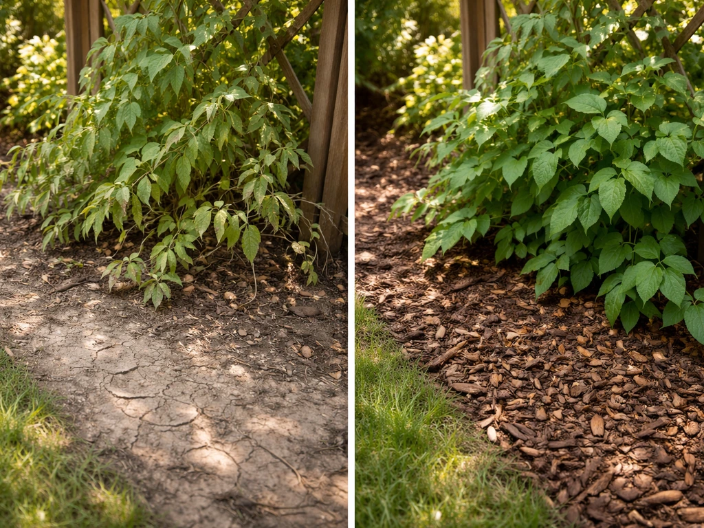 Split view of a wilted clematis root zone in hot sun versus a shaded, mulched root zone with healthy growth.