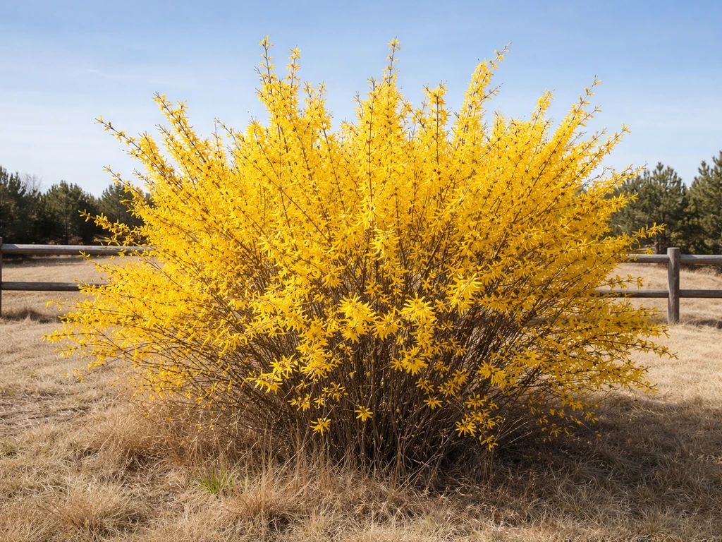 Forsythia bush covered in bright yellow blooms in a winter Texas landscape.