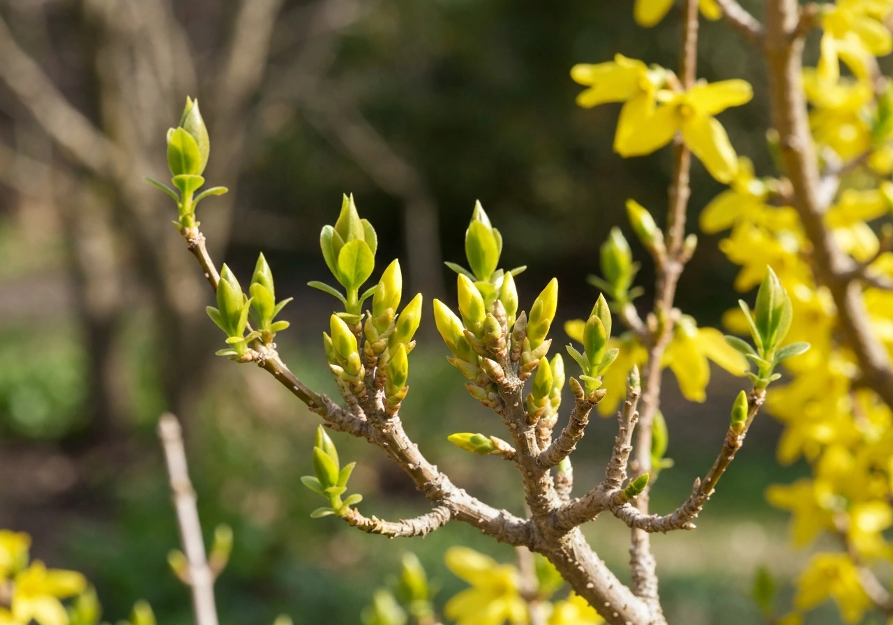 Close-up of a forsythia branch with winter buds and bright yellow blossoms.