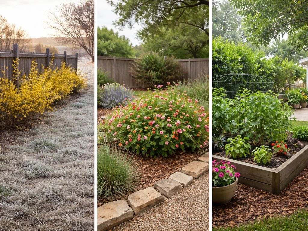 Three Texas garden vignettes showing frost, dry central beds, and humid Gulf-style planting suited for forsythia.
