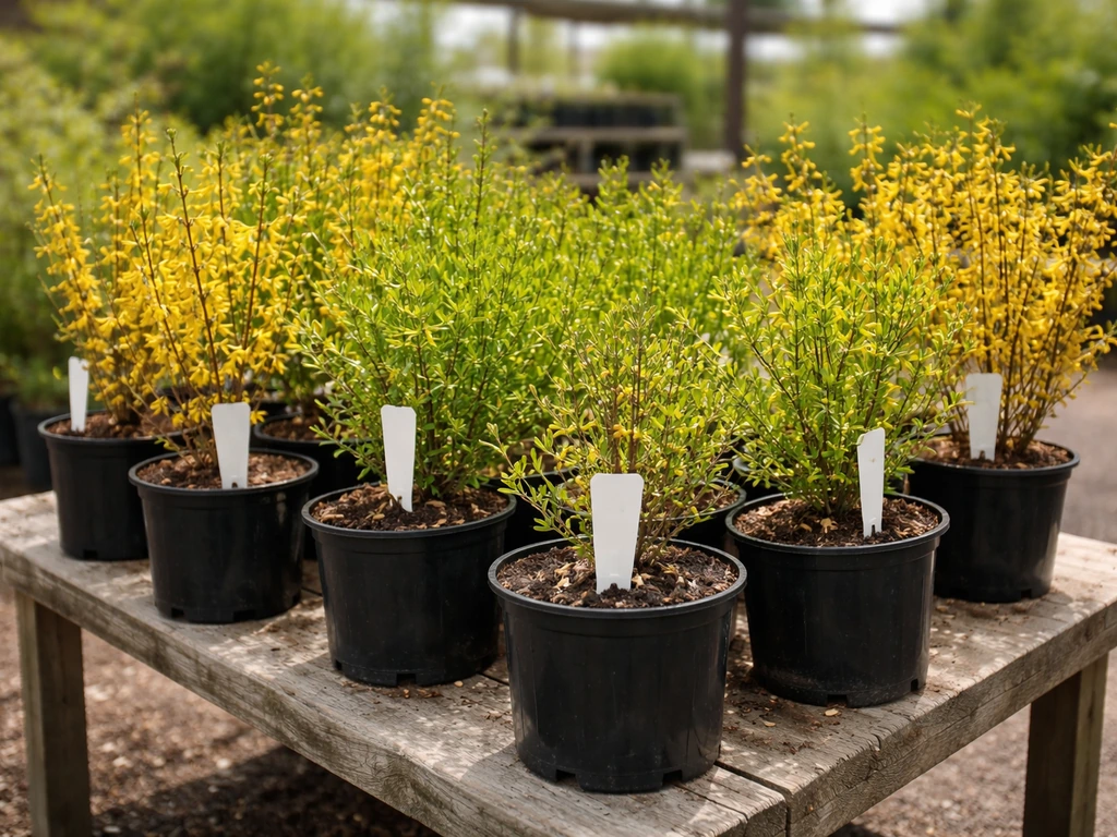 Multiple potted forsythia shrubs with different tags at a nursery bench, ready for planting
