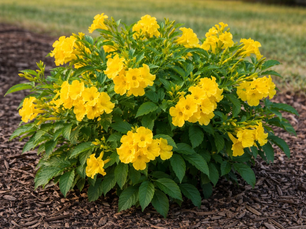 Close-up of a yellow trumpet-flowering shrub (Texas esperanza) in a simple garden bed in Texas light.