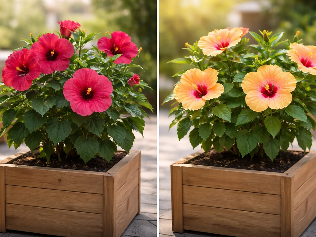 Split-view photo of two hibiscus plants in pots, hardy-looking left and tropical-looking right.