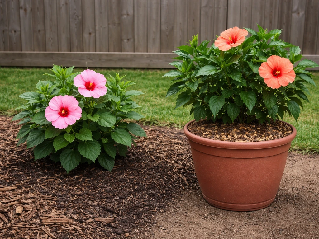Prepared garden bed with hardy hibiscus in-ground beside a container of tropical hibiscus with mulch for overwintering.