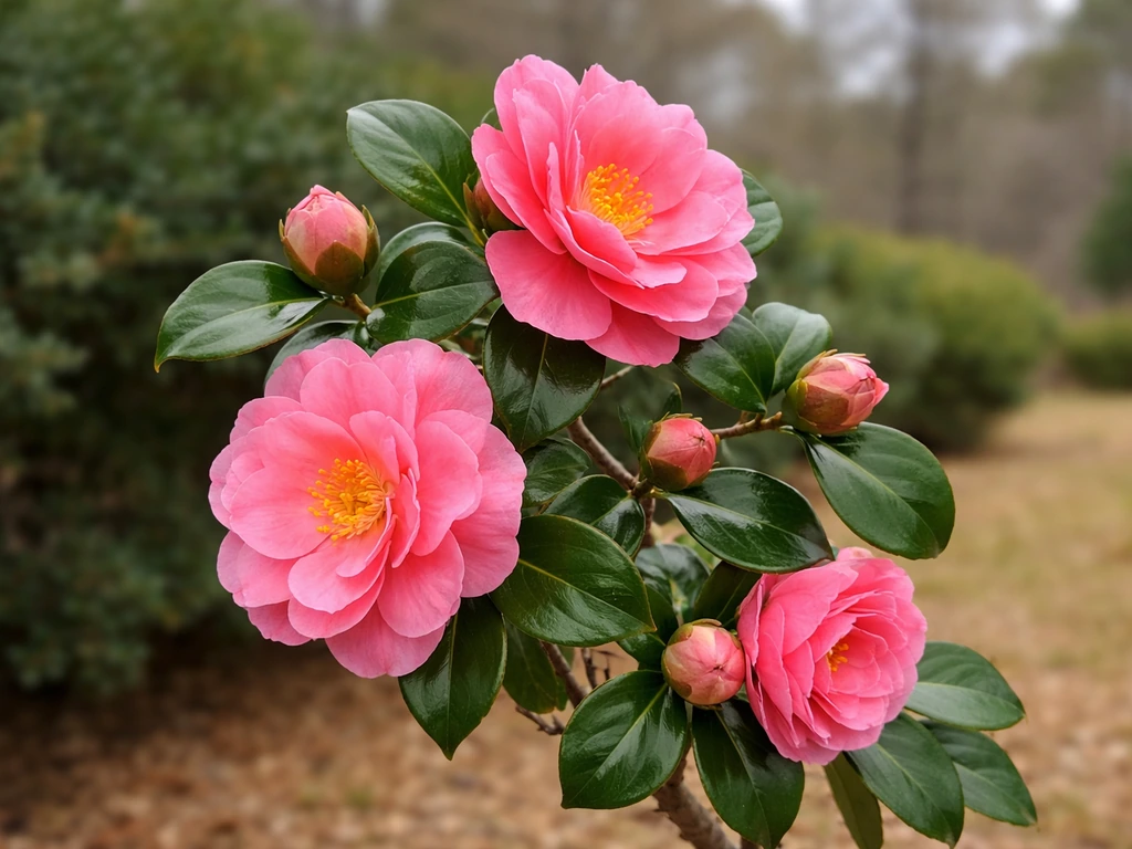 Pink Camellia japonica blooms and buds on a shrub, softly blurred East Texas garden background.