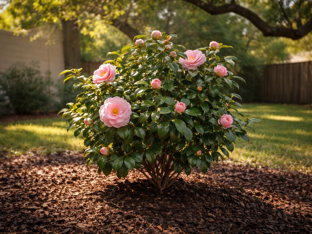 Camellia shrub in a Texas yard receiving morning sun and afternoon dappled shade under an oak tree.