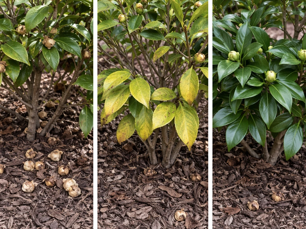 Side-by-side camellia issues: bud drop, yellow leaves, and healthy new green growth on one shrub