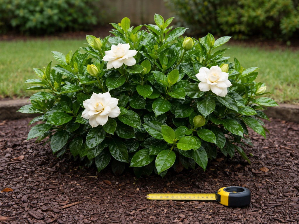 Lush in-ground gardenia shrub in a humid-looking Houston yard with a simple width scale beside it.