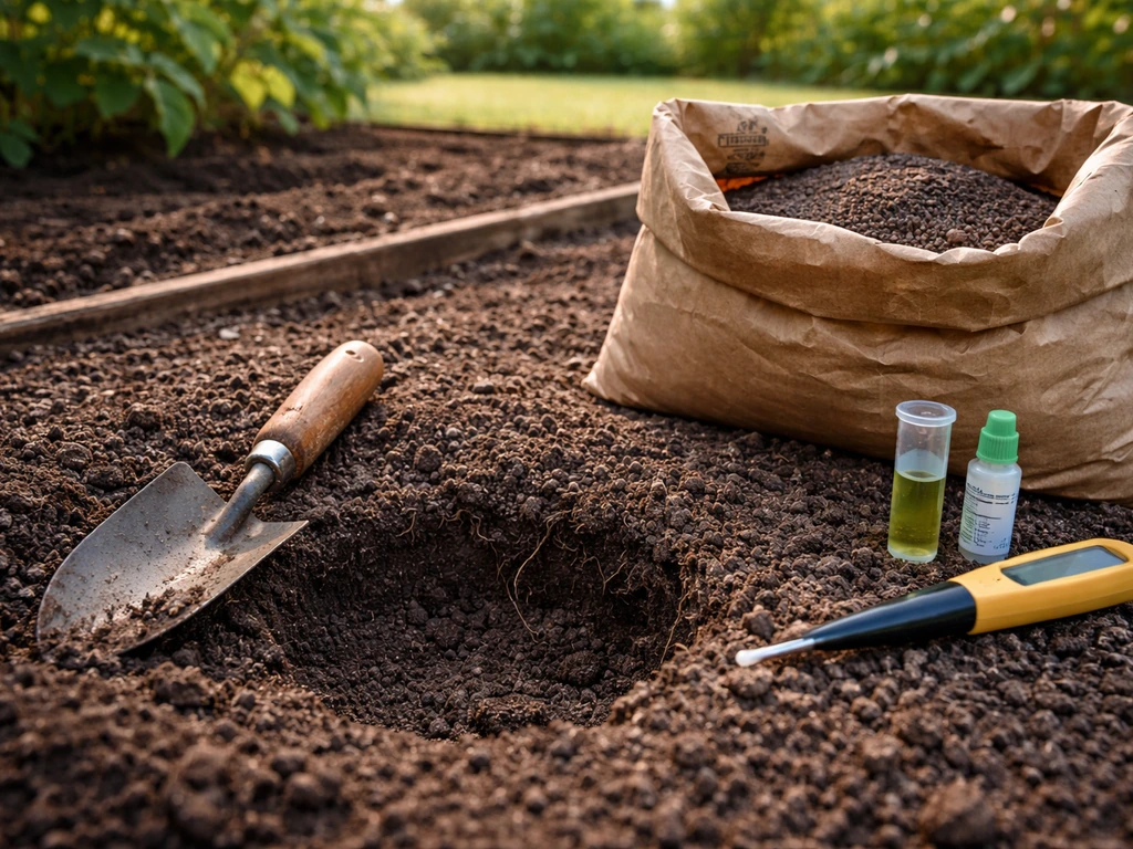 Close-up of acidic soil amendment and pH test materials beside a planting bed with soil ready for gardenias