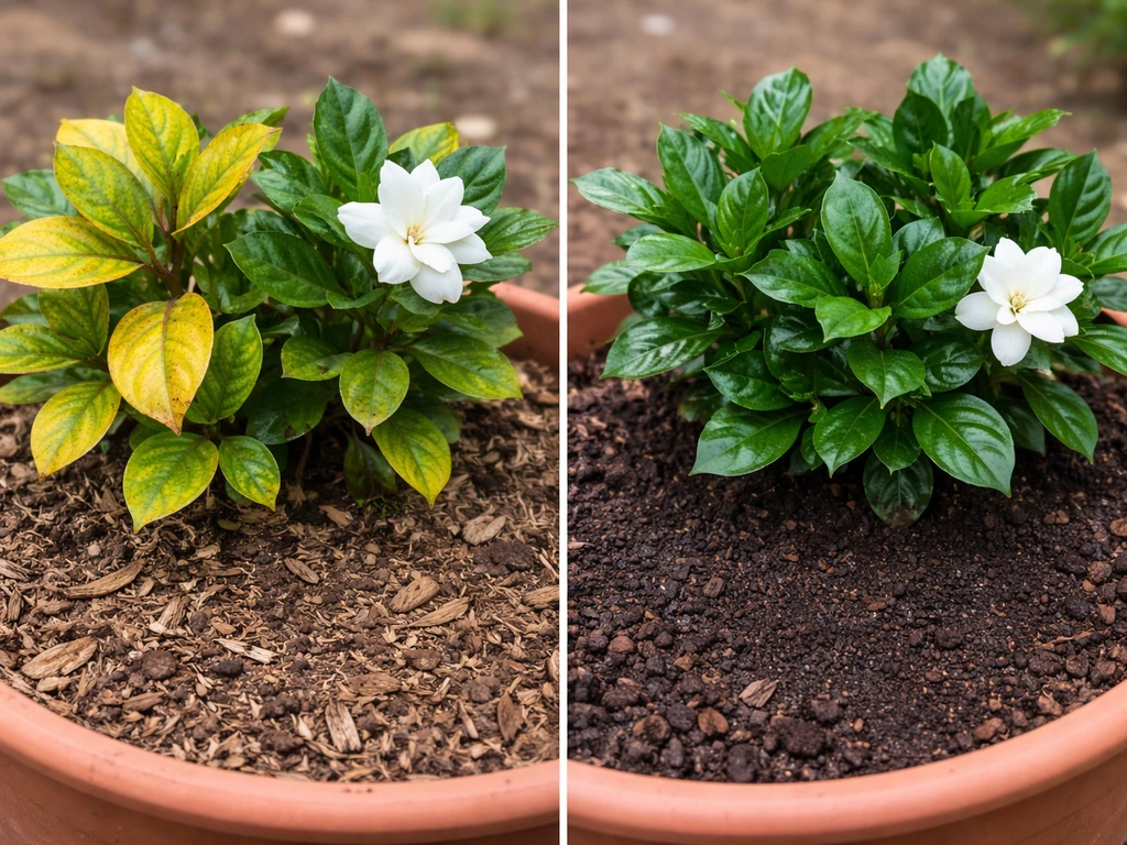 Gardenia plant with yellow chlorosis leaves beside a healthier, dark green amended planting patch