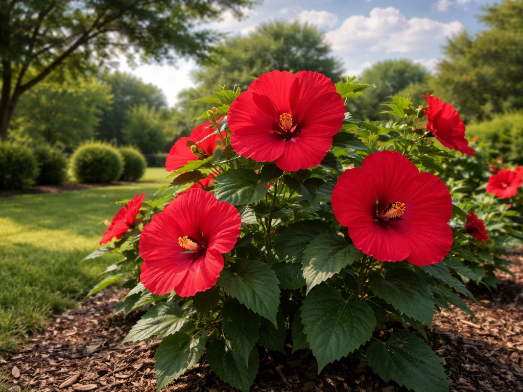 Red hardy hibiscus flowers blooming in a sunny Oklahoma backyard garden with green foliage and clear blue sky.