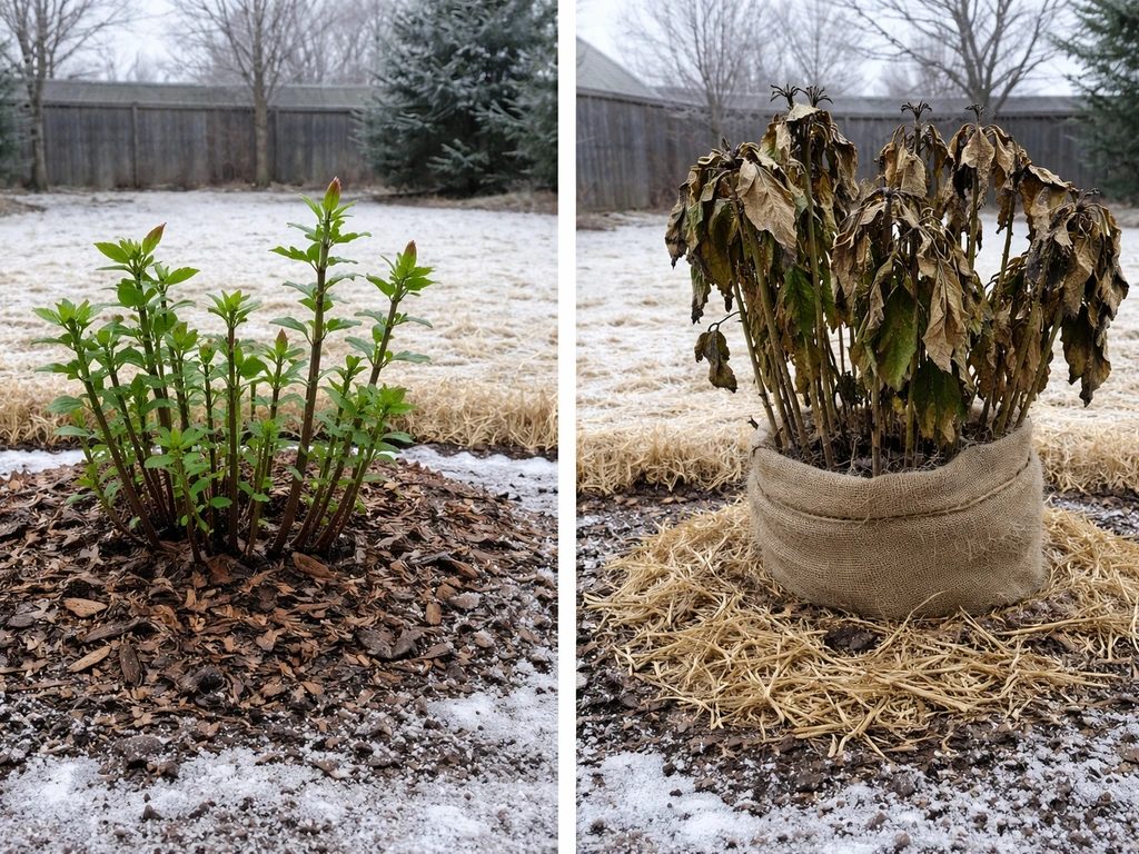 Side-by-side hardy and tropical hibiscus in winter: hardy shoots vs tropical winter-damaged leaves.
