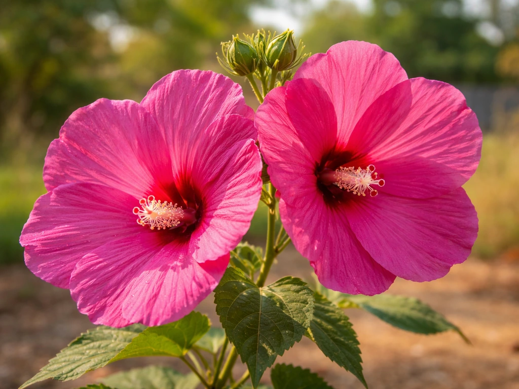 Sunlit close-up of hardy hibiscus blooms in an Oklahoma backyard during late summer/early fall