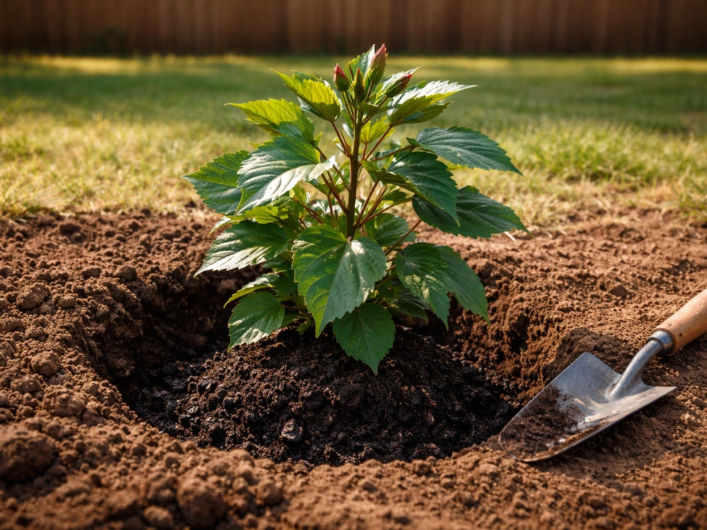 Hardy hibiscus being planted in an amended compost hole in sunny Oklahoma backyard soil.