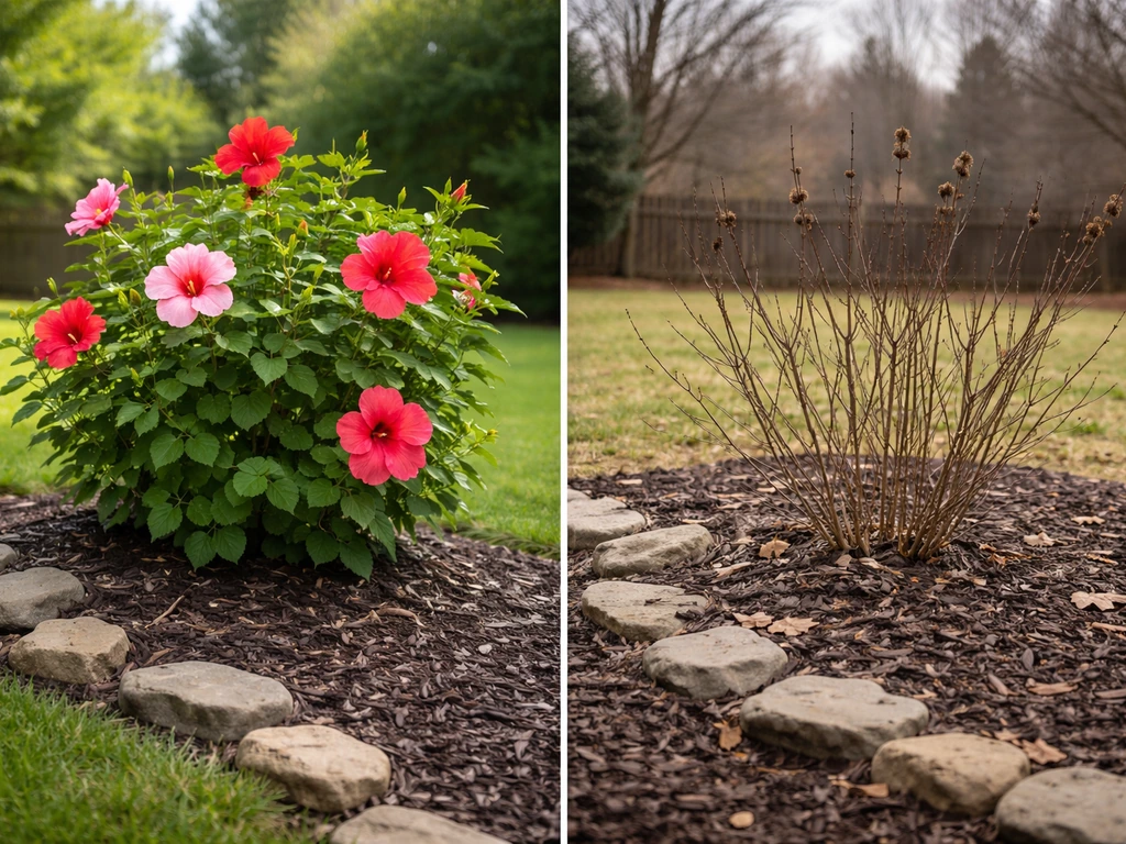 Split Tennessee garden scene: hibiscus blooming in summer, then the same bed in winter with mulch and bare ground.