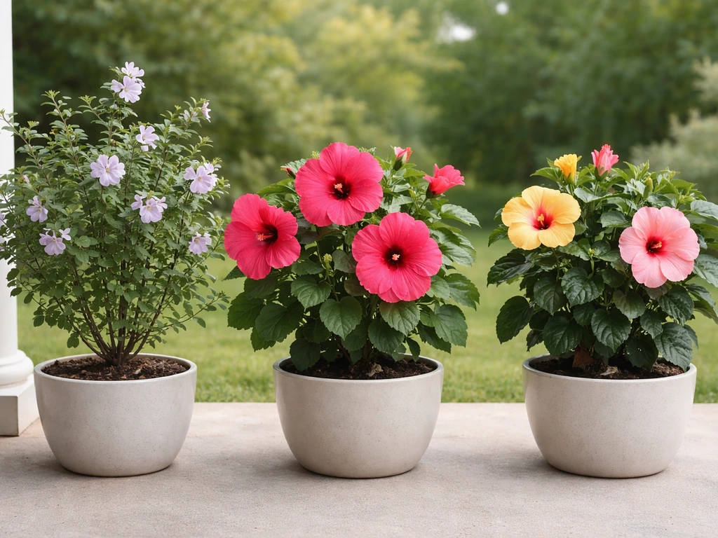 Three hibiscus plants in pots side-by-side—Rose of Sharon, hardy large-flower hibiscus, and a tropical type.