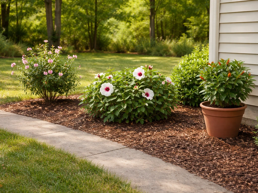 Garden with three hibiscus options: in-ground shrub, hardy hibiscus bed, and a container-ready spot.