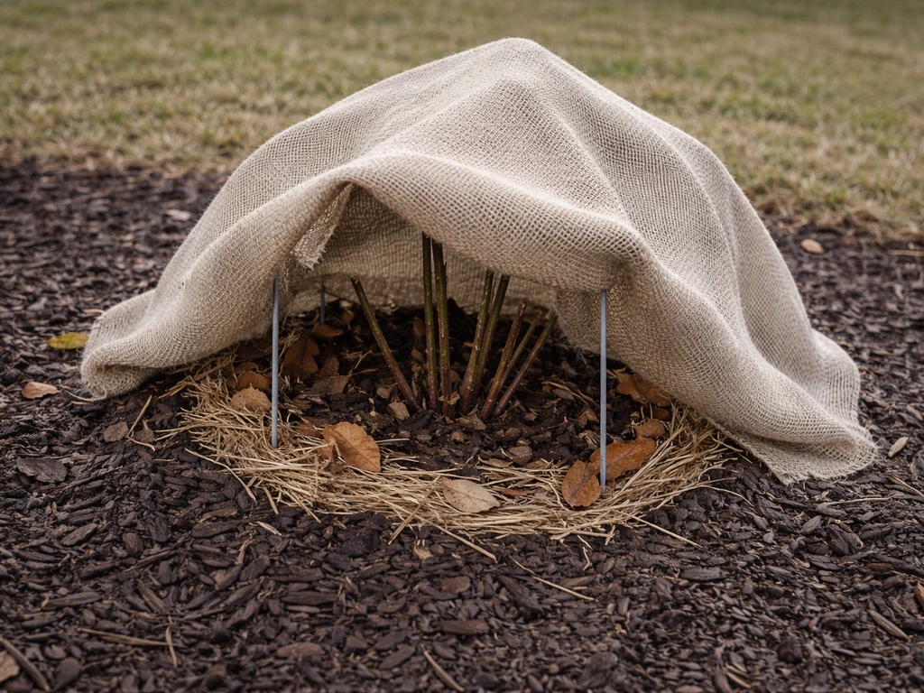 Mulched base and protective cover over a hardy hibiscus plant in winter garden in Tennessee